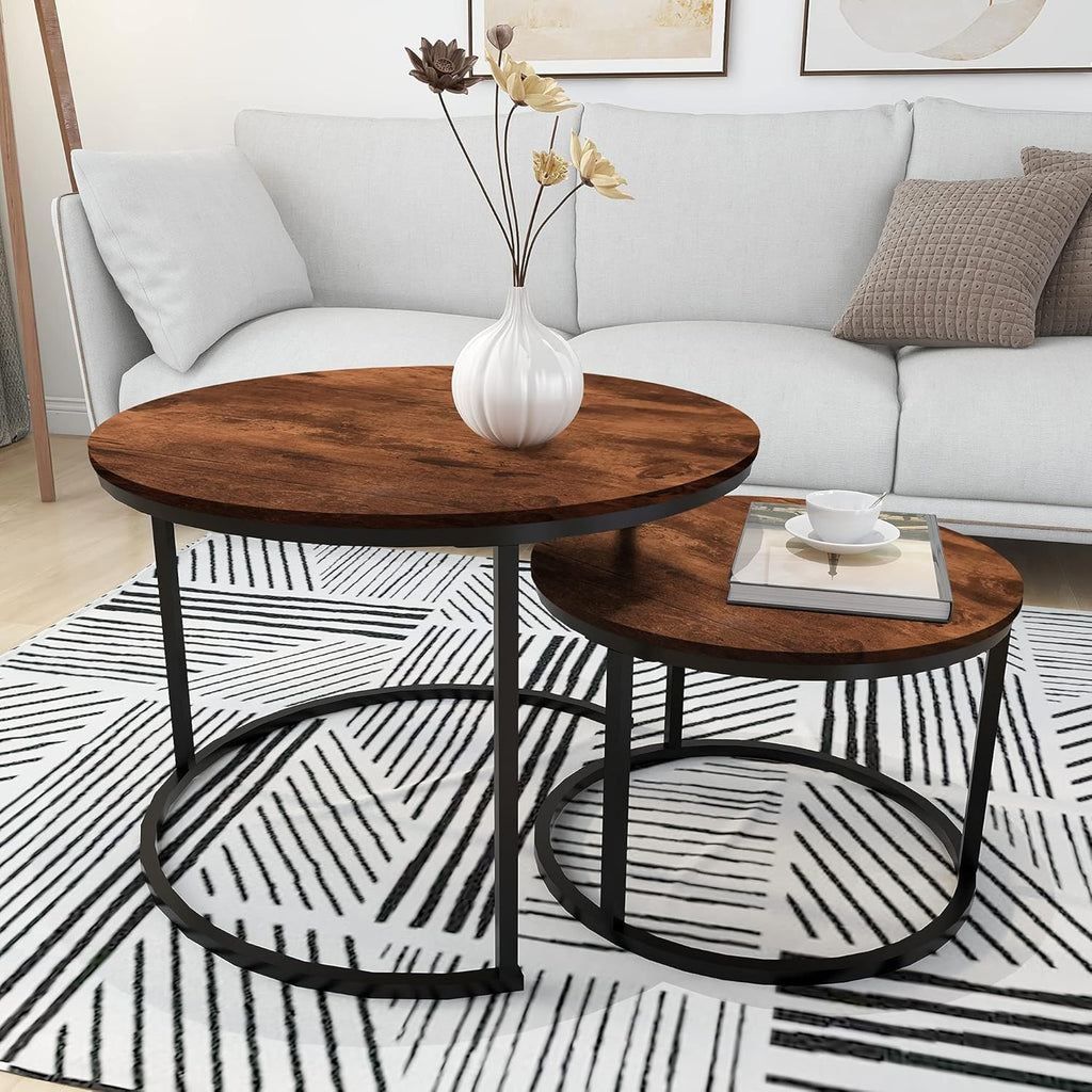 Ultimate Round Coffee Table Nesting Set - Modern Wood & Metal Side Tables for Living Room, Rustic Brown & Black Accent Tables round  dining  tables
