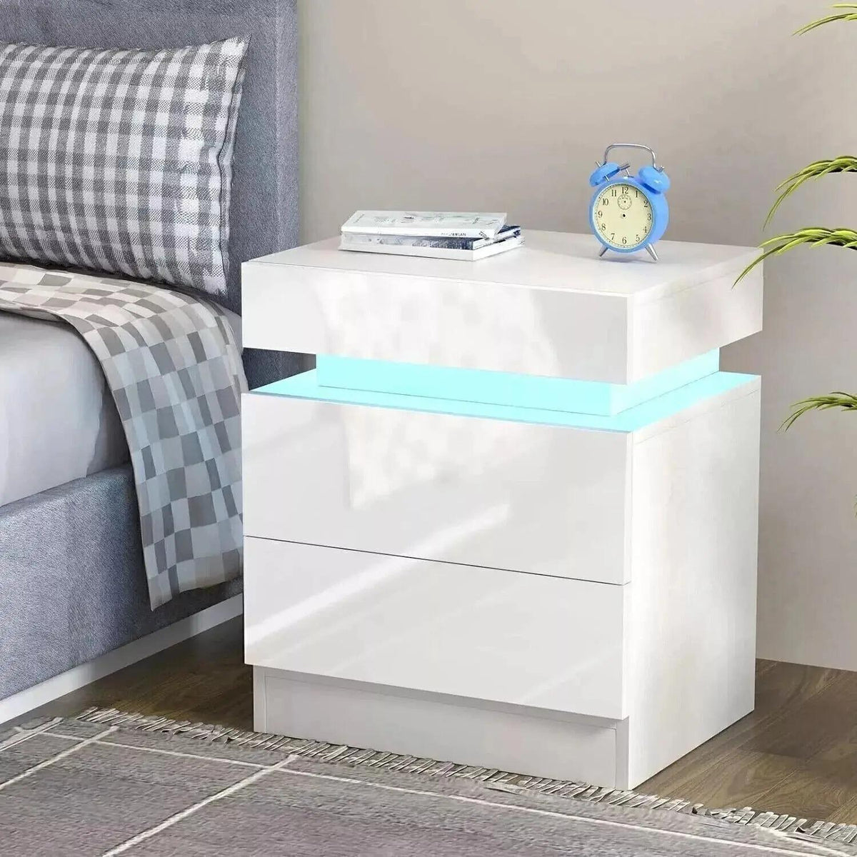 Modern LED Bedside Table with RGB Lights App & Remote Control, Lift‑Top Hidden Storage 2 Drawers High Gloss Nightstand, USB Powered Side Cabinet for Bedroom Living Room, Self‑Assembly