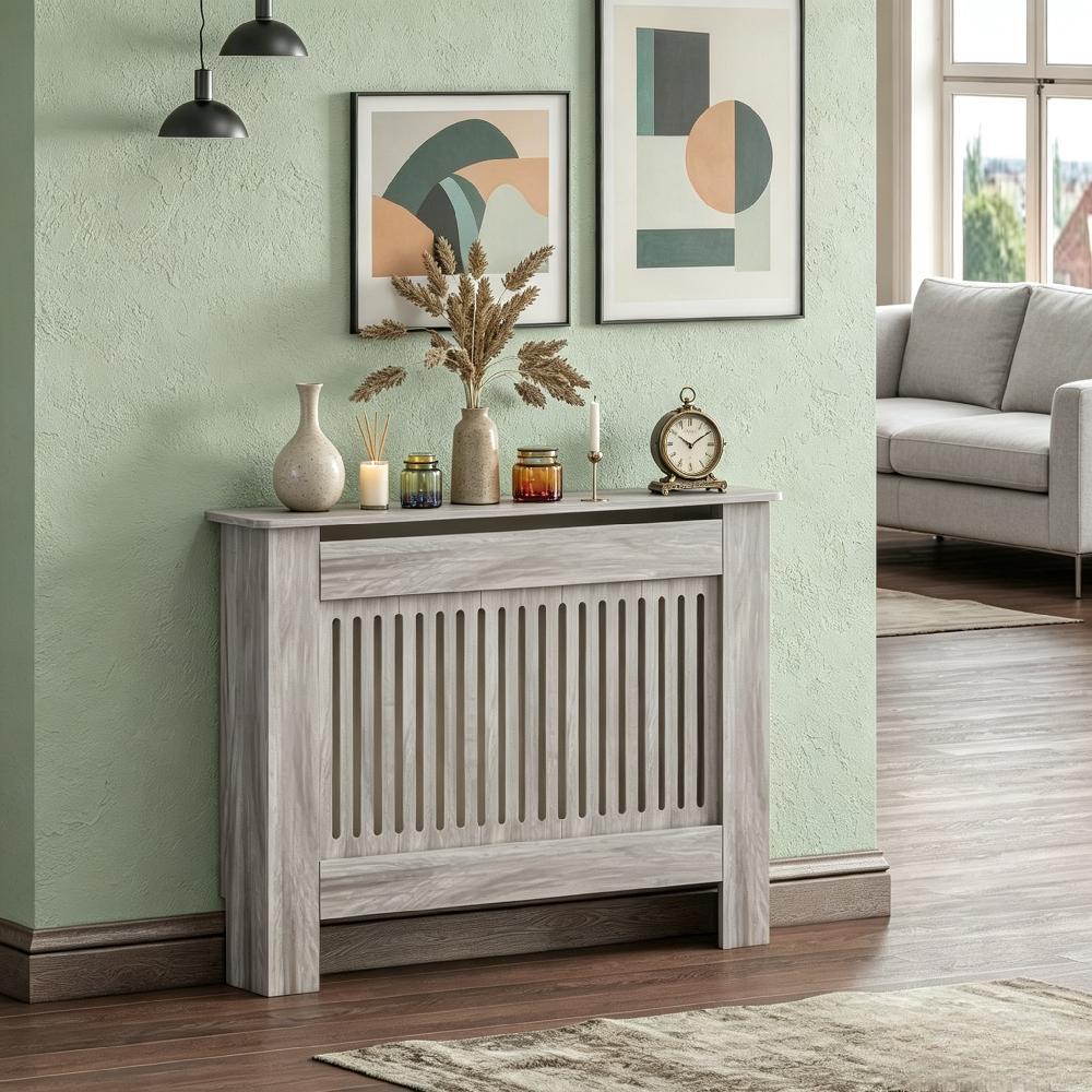 Grey Modern Radiator Cover, MDF Vertical Slat Design with Wooden Top Shelf, Stylish Cabinet for Living Room, Bedroom, and Hallway [Plus A Free Gift]