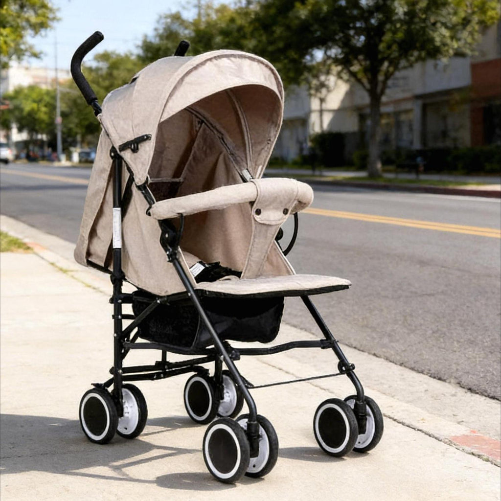 One-Hand Fold Lightweight Travel Baby Stroller, Compact Portable Buggy with 3-Point Safety Harness and Shock-Absorbing Wheels for Toddlers 0–36 Months, Black, Cream & Grey Available