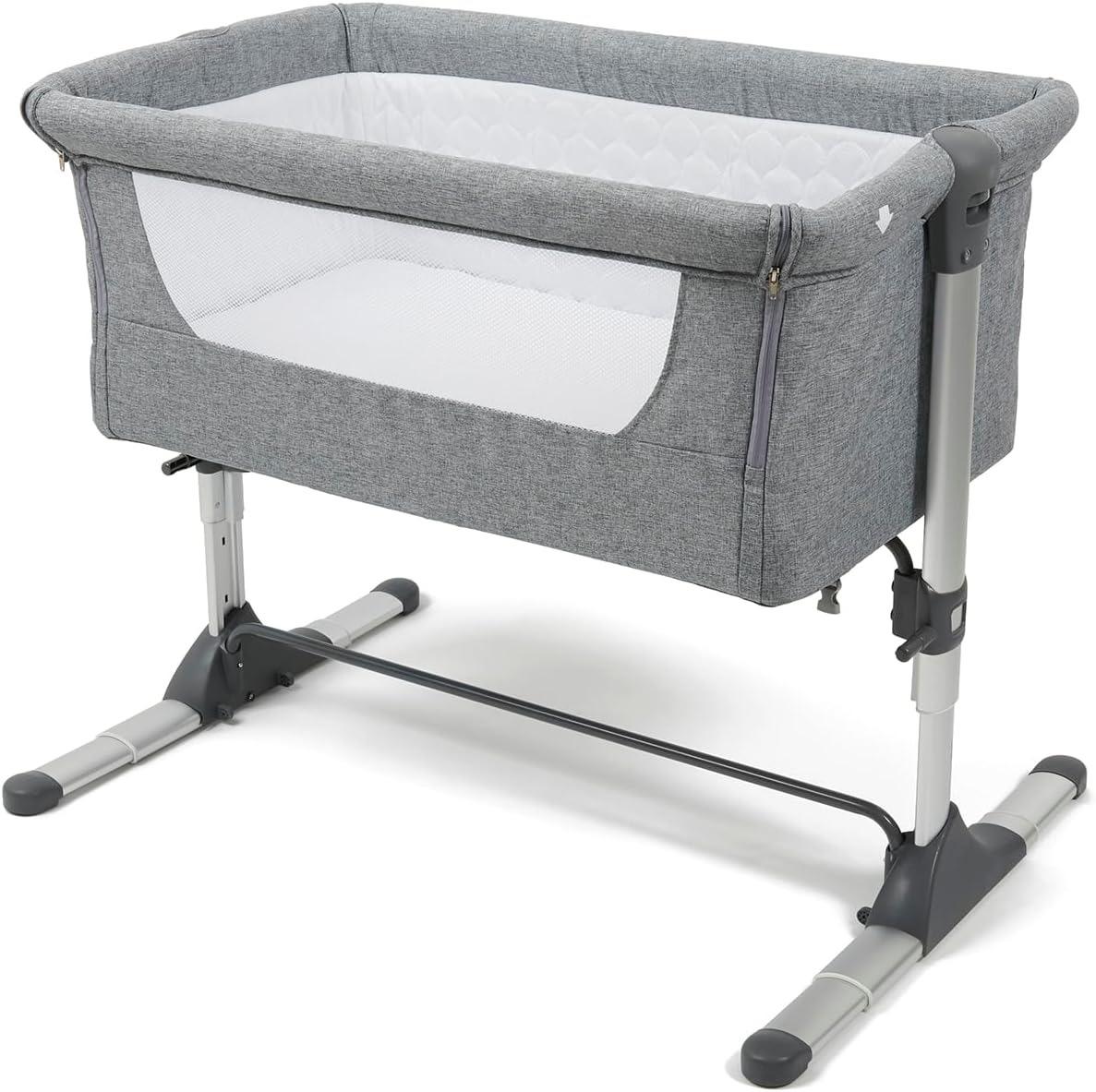 Bedside Co‑Sleeper Crib, 2‑in‑1 Adjustable Height Baby Bassinet with 5cm Thick Mattress, Anti‑Reflux Incline Breathable Mesh, Safety Certified, Co‑Sleeping Standalone Cot for Newborn Infant