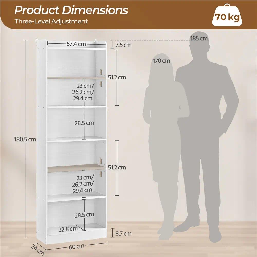 `Modern Tall Slim Open Bookcase, Freestanding Display Storage Shelf with Adjustable Shelves & Anti‑Tip Wall Anchor, Multi‑Purpose Unit for Books, Plants & Home Decor, Bedroom Living Room Office Study`