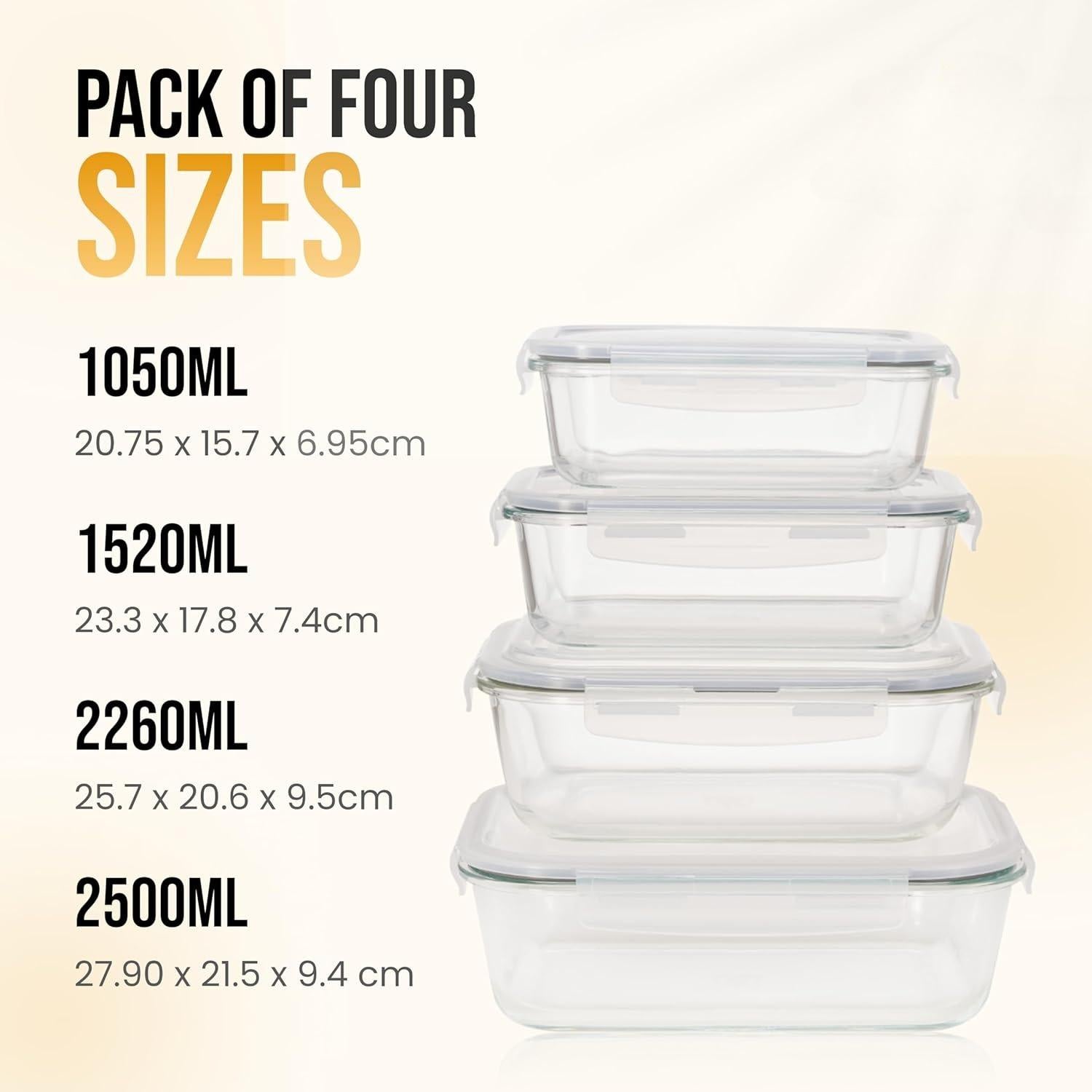 4-Pack Large Glass Food Storage Containers with Lids 2500ml 2260ml 1520ml 1050ml Microwave Oven Freezer Dishwasher Safe Meal Prep Containers