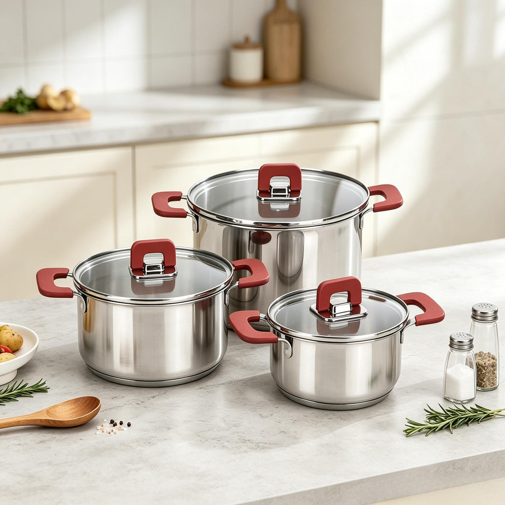 Basics 3‑Piece Stainless Steel Stackable Casserole Cookware Set, Induction Pots with Vented Lids & Soft‑Touch Handles, Dishwasher & Oven‑Safe, 16/20/24 cm
