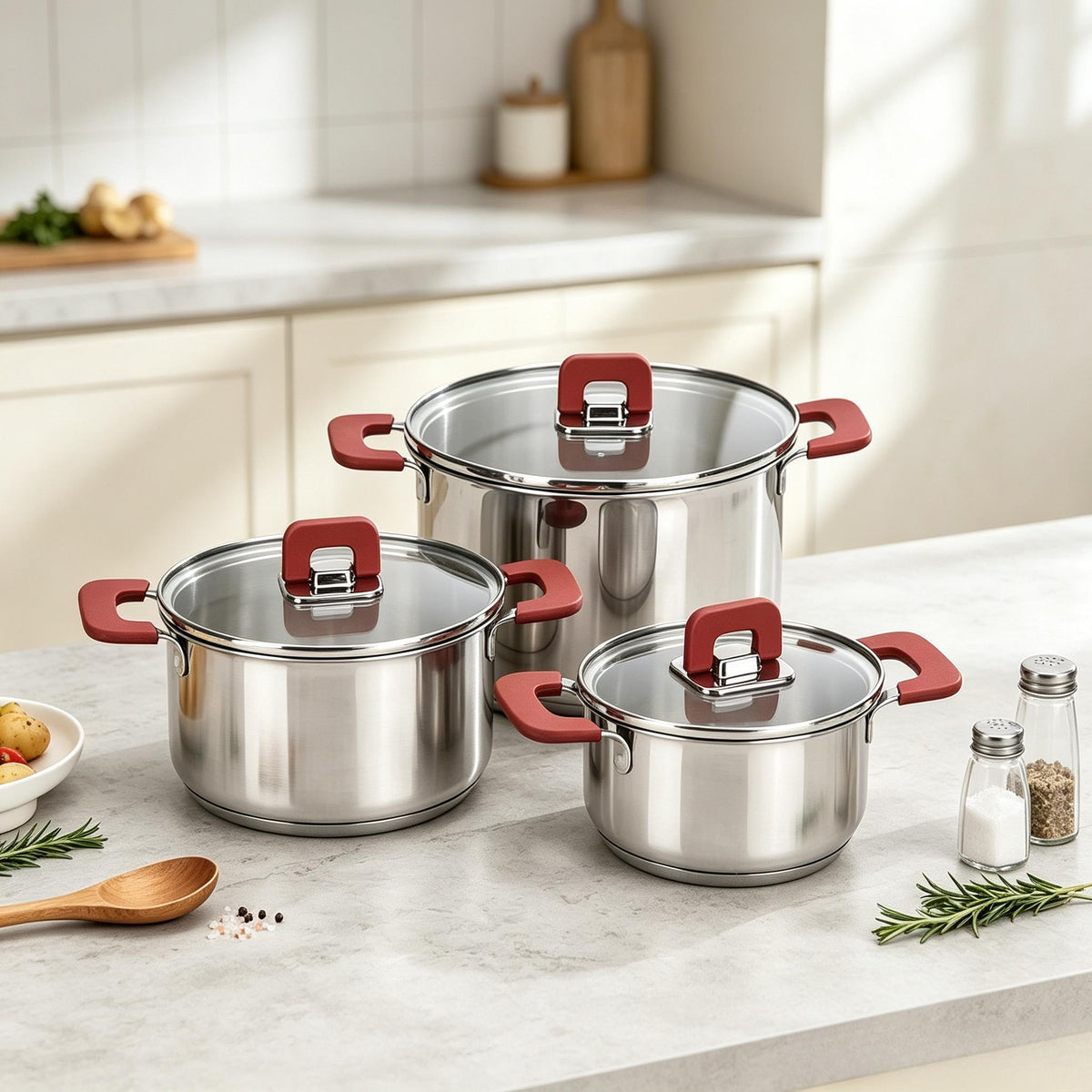 Basics 3‑Piece Stainless Steel Stackable Casserole Cookware Set, Induction Pots with Vented Lids & Soft‑Touch Handles, Dishwasher & Oven‑Safe, 16/20/24 cm