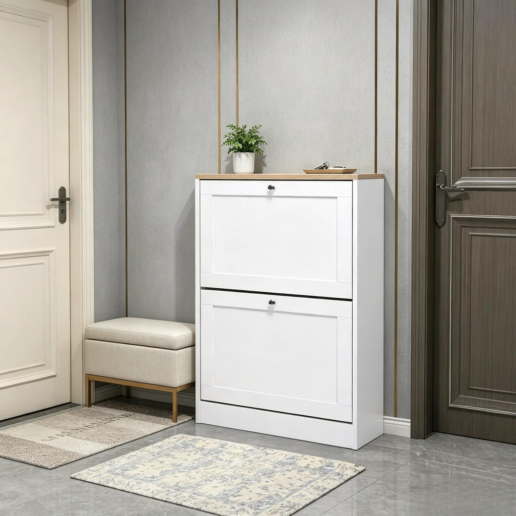 58cm Wide Shoe Storage Cabinet with 2 Flip‑Down Drawers, White Wooden Narrow Shoe Organizer, Slim Hidden Footwear Storage Cabinet for Entryway Hallway Living Room, Holds Up to 12 Pairs of Shoes