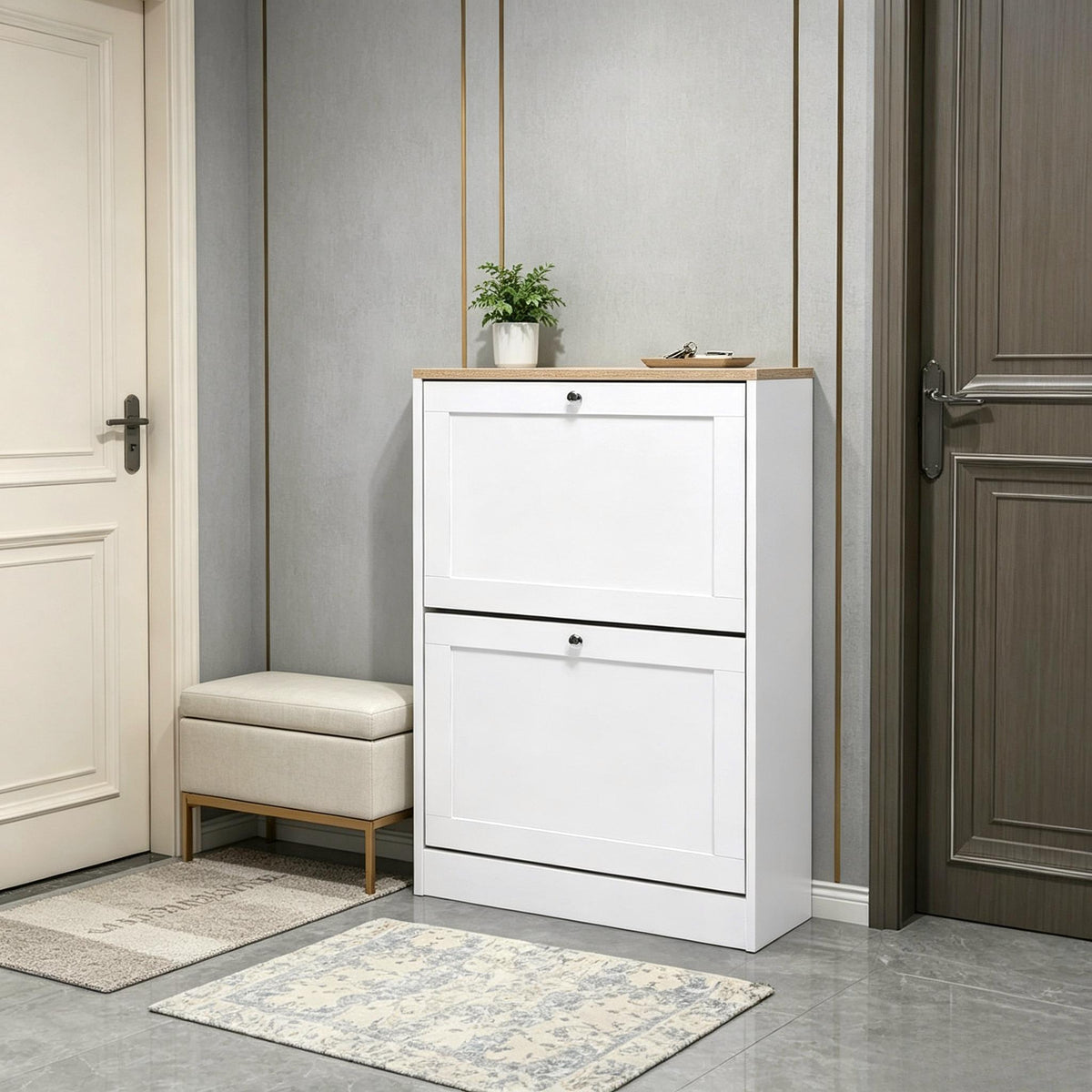 58cm Wide Shoe Storage Cabinet with 2 Flip‑Down Drawers, White Wooden Narrow Shoe Organizer, Slim Hidden Footwear Storage Cabinet for Entryway Hallway Living Room, Holds Up to 12 Pairs of Shoes