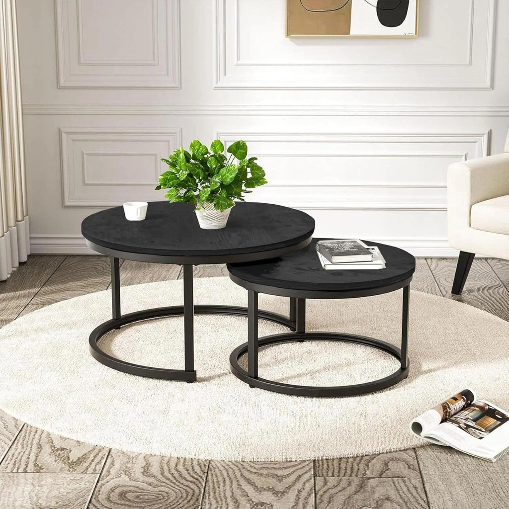 Set of 2 Round Nesting Coffee Tables Multi-Functional Side End Table with Sturdy Metal Frame Space Saving Accent Furniture for Living Room Bedroom Apartment Modern Industrial Minimalist Style