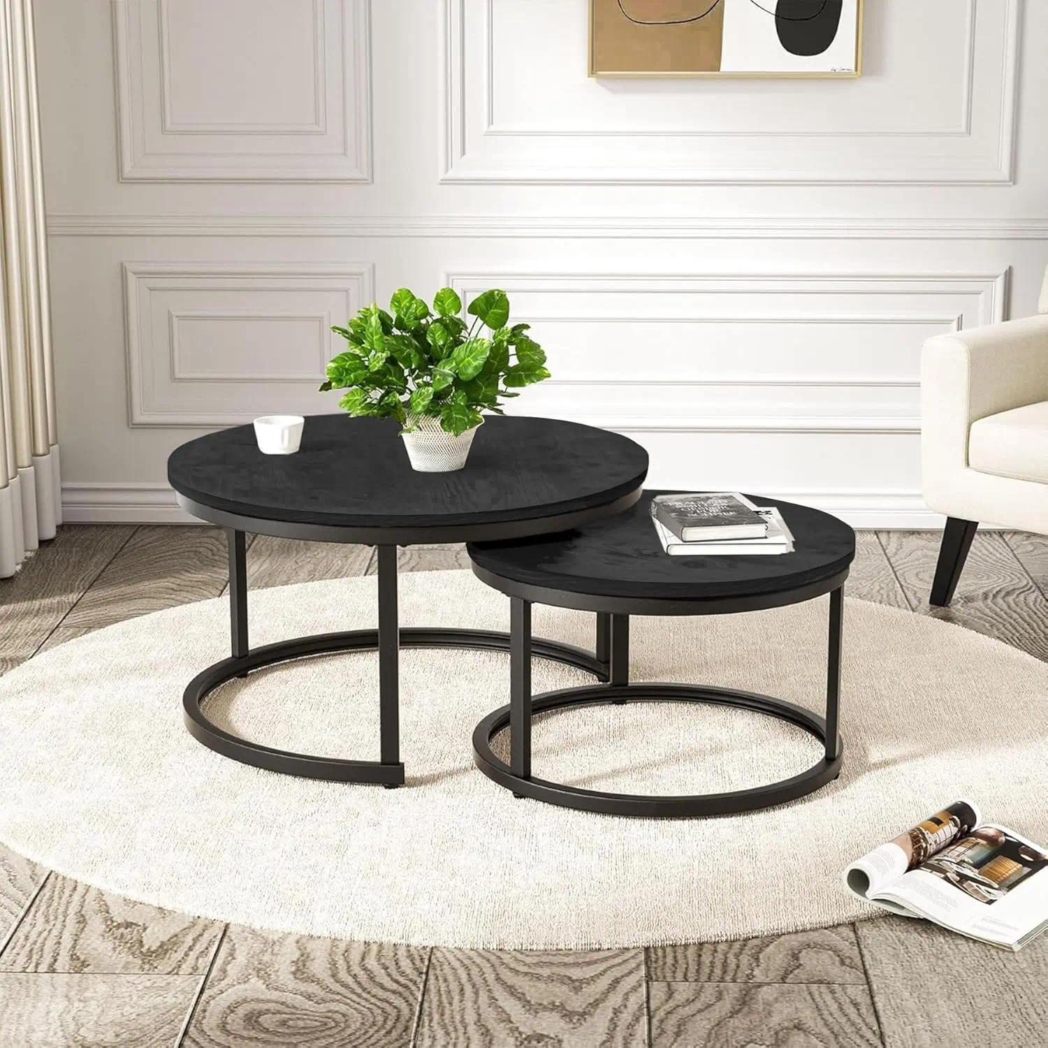 Set of 2 Round Nesting Coffee Tables Multi-Functional Side End Table with Sturdy Metal Frame Space Saving Accent Furniture for Living Room Bedroom Apartment Modern Industrial Minimalist Style