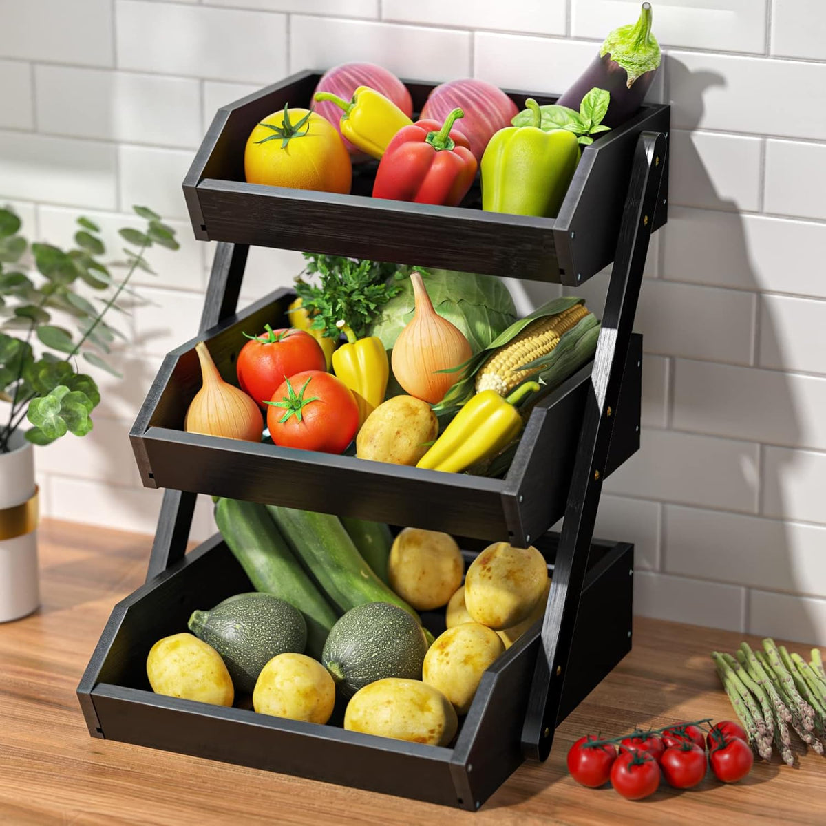 3-Tier Bamboo Fruit Basket Bowl Holder, Bread Vegetables Storage Stand for Kitchen Countertop, Snacks  in Home Kitchen and Office, Black