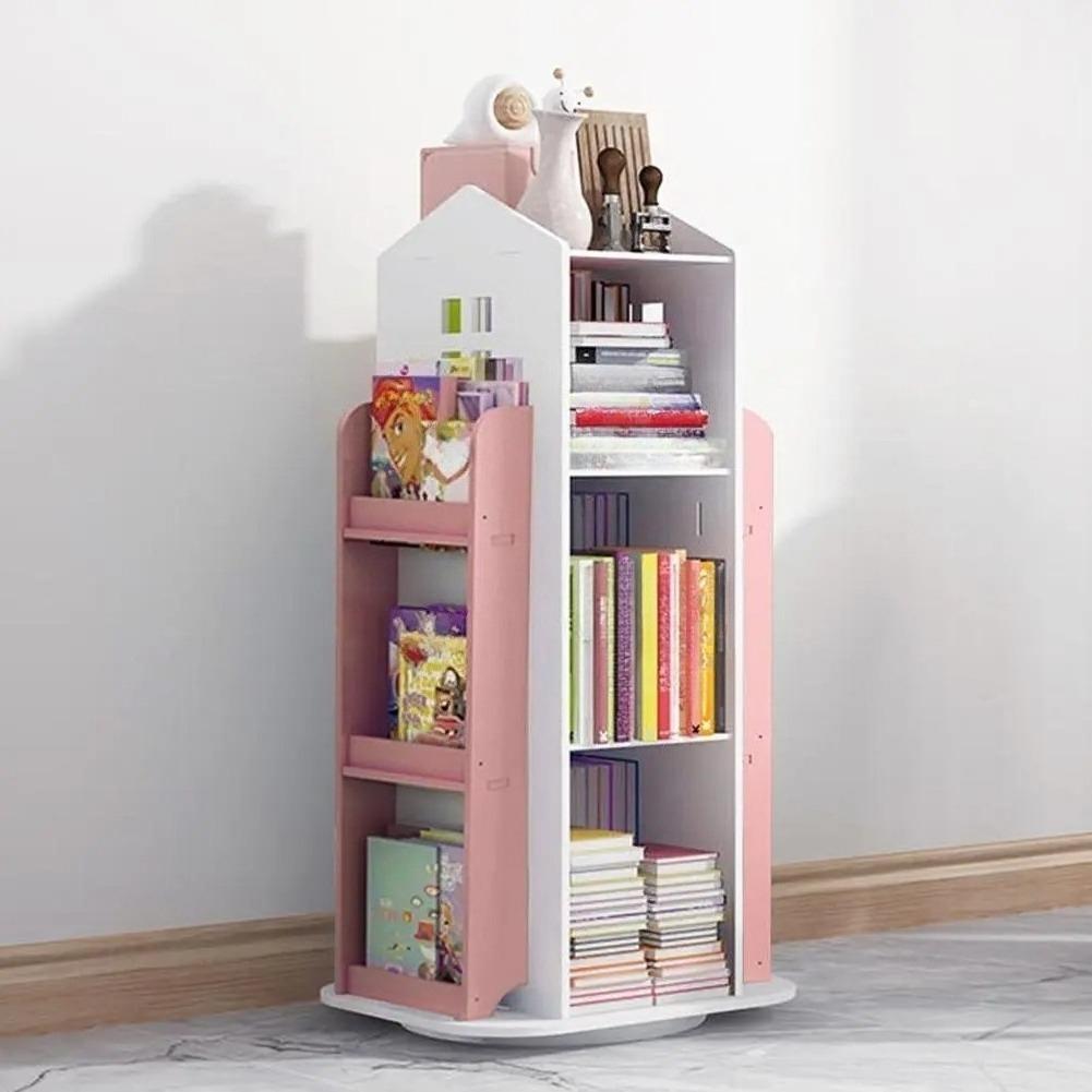 3‑Colors 360° Rotating Kids Bookshelf, House‑Shaped Spinning Wooden Floor Standing Bookcase, Multi‑Functional Book Display & Toy Storage Organizer for Child’s Bedroom, Nursery, Study Room, Playroom