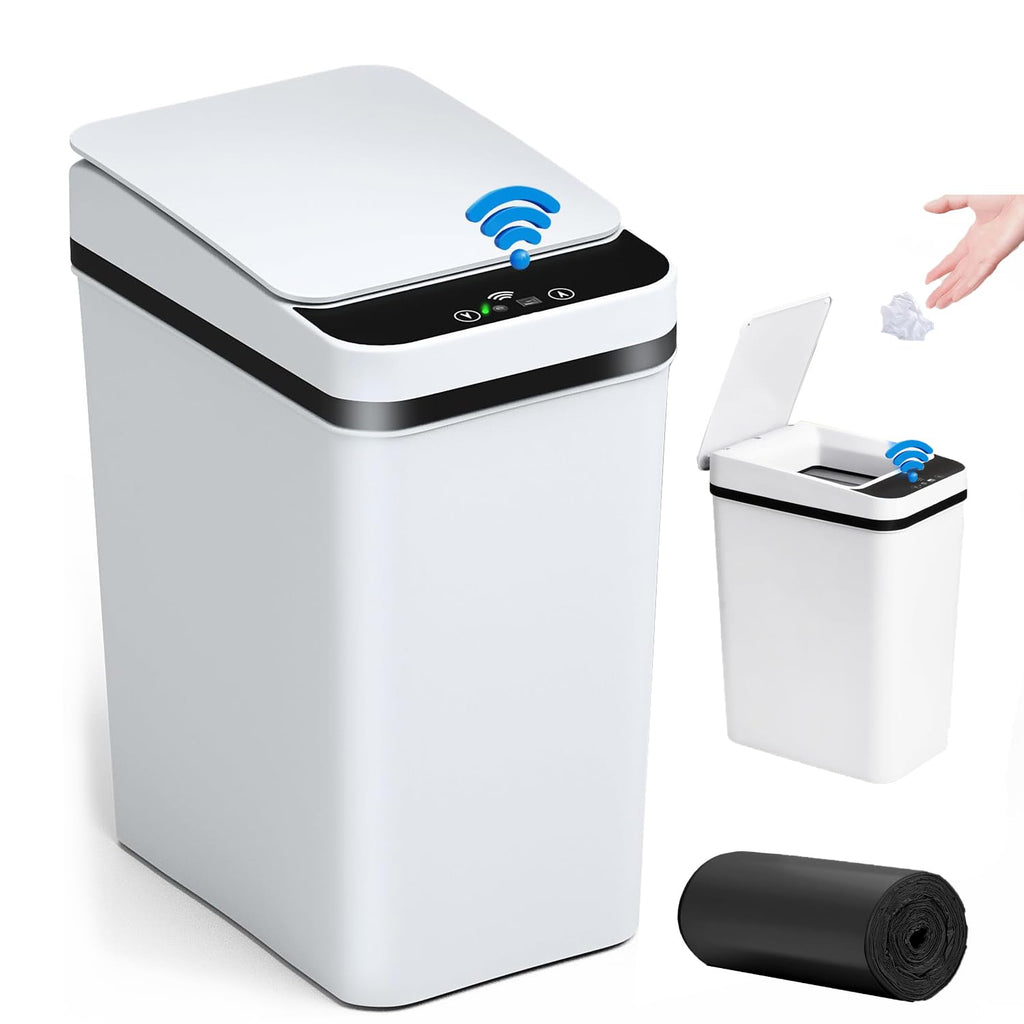 Smart Touchless Bathroom Trash Can 12L Automatic Motion Sensor Rubbish Can with Lid Electric Waterproof Narrow Small Garbage Bin for Kitchen, Office, Toilet, Bedroom with 50pcs Trash bags