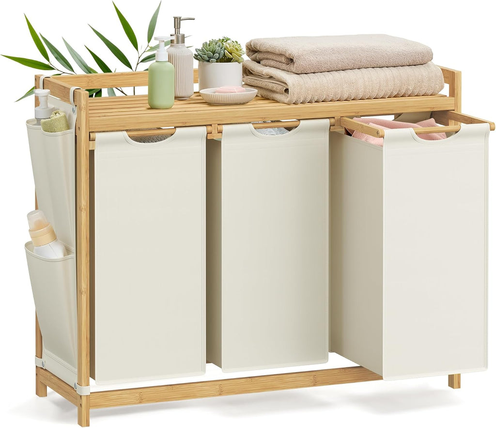 `Cream‑White Compartment Bamboo Laundry Sorter Hamper, Laundry Storage Organizer with Top Shelf, Removable Laundry Bags & Side Storage Pockets for Bathroom & Laundry Room`