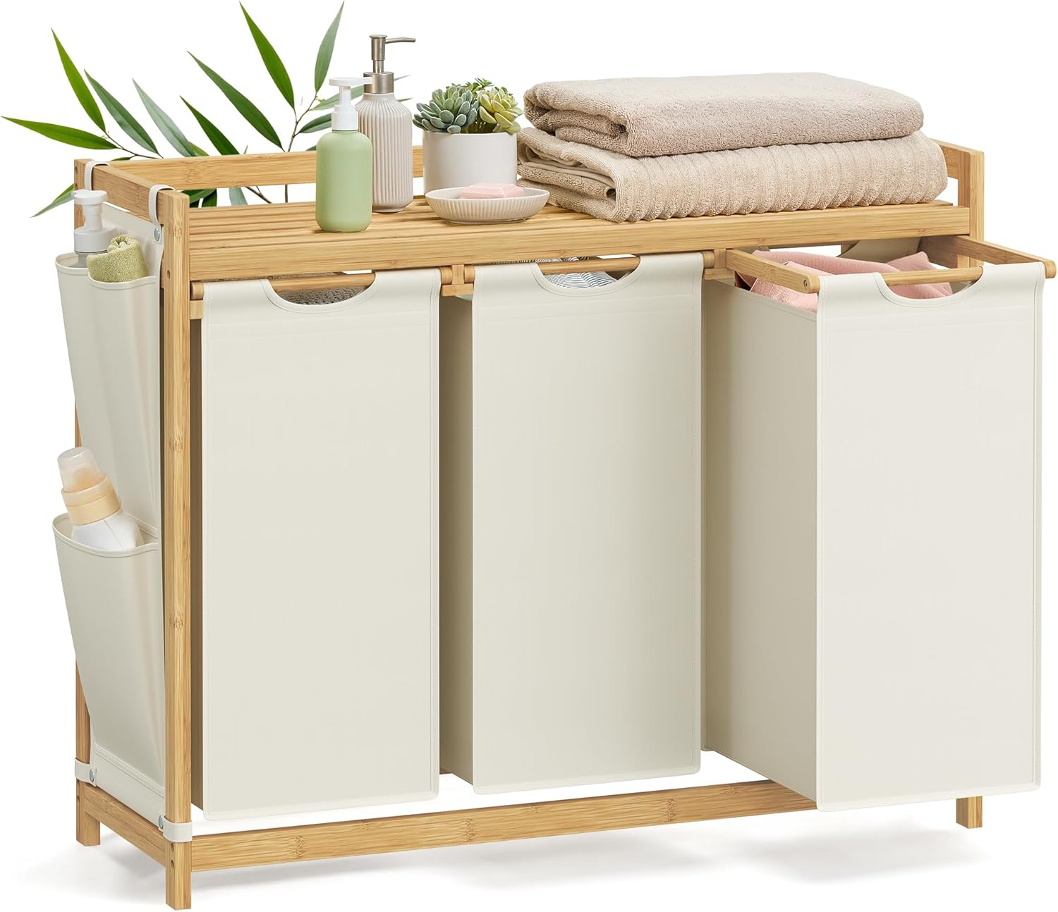 `Cream‑White Compartment Bamboo Laundry Sorter Hamper, Laundry Storage Organizer with Top Shelf, Removable Laundry Bags & Side Storage Pockets for Bathroom & Laundry Room`