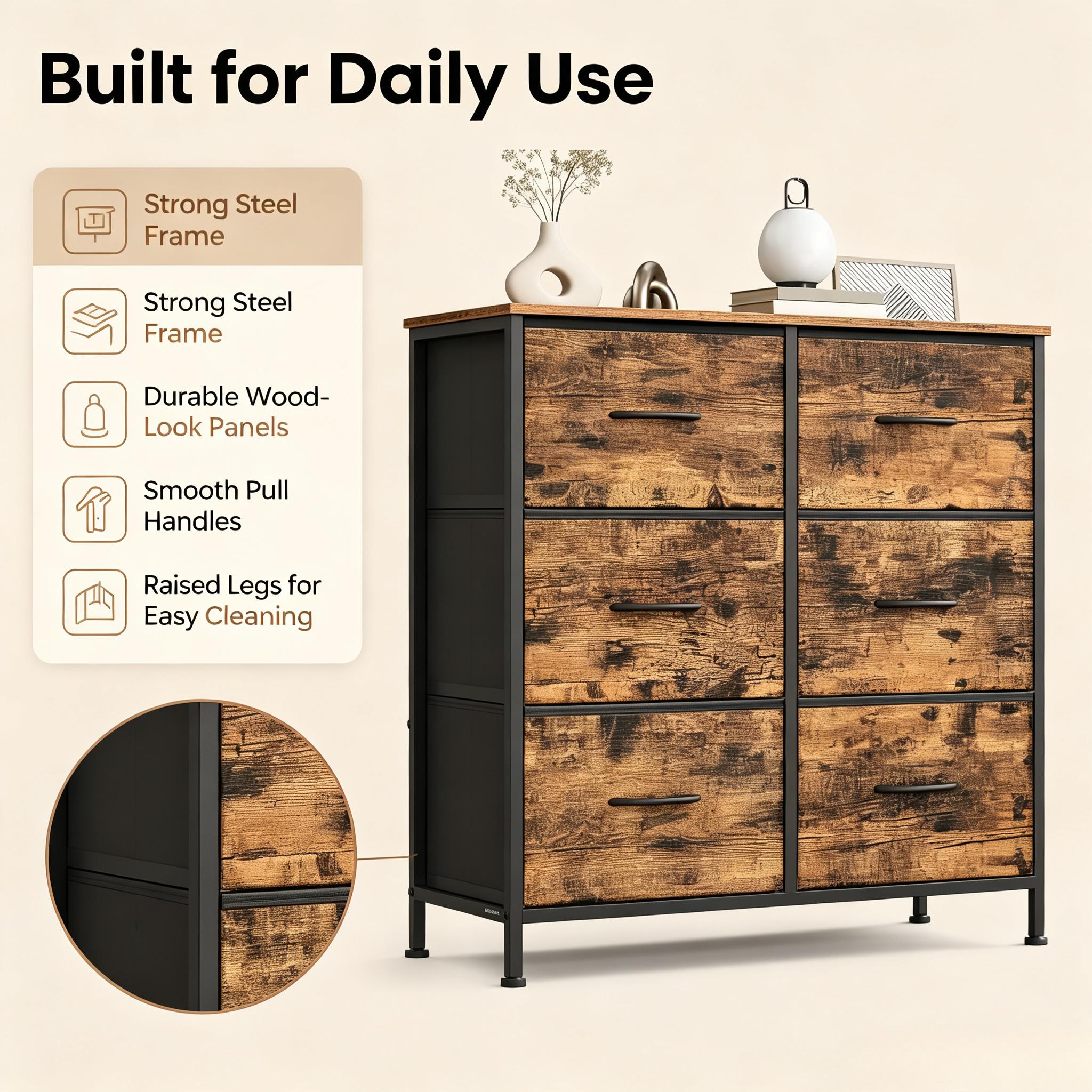Rustic Brown 6 Fabric Drawers Chest of Drawers, Steel MDF Non‑Woven Storage Unit Dresser with Handy Handles Anti‑Tip Kit Adjustable Feet for Bedroom Closet Hallway Living Room
