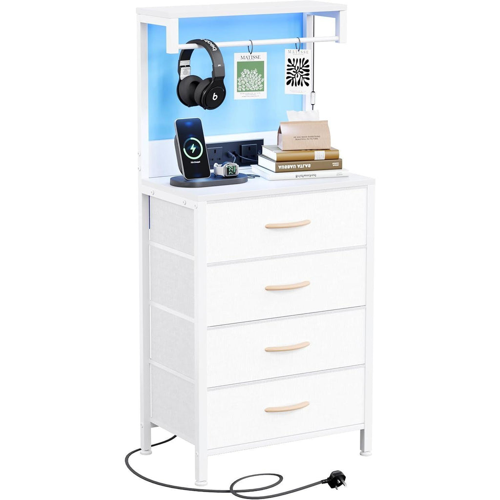 White Bedside Table with Charging Station & LED Light Nightstand 4 Fabric Drawers Wood Shelf Bedside Cabinet Bedroom Side Table Storage Organizer