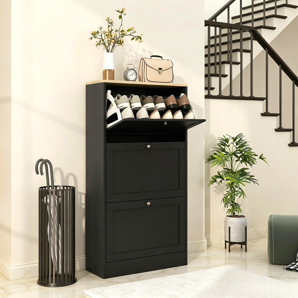 Black Slim Freestanding Shoe Cabinet, 3 Flip-Tilt Drawers Narrow Hidden Shoe Storage Organizer with Adjustable Shelf, Holds 12-18 Pairs of Shoes, Space-Saving Shoe Rack for Entryway, Hallway, Bedroom Home Furniture