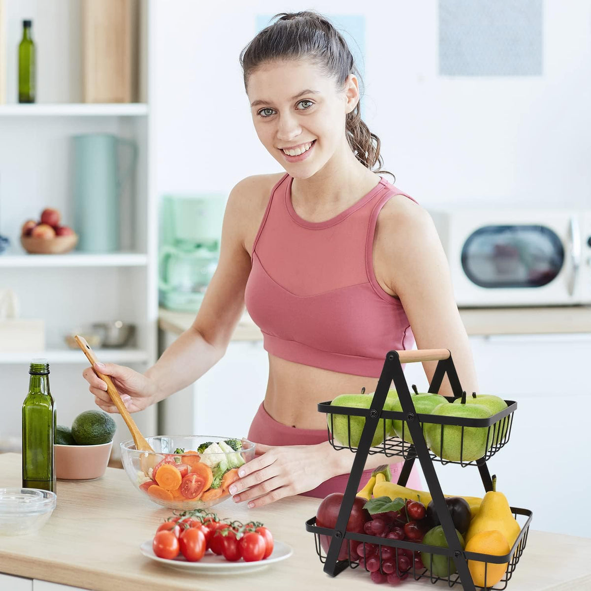 Fruit Basket 2 Tier Countertop Metal Fruit Rack and Vegetable Stand Keeps Fruit and Vegetable Fresh, Fruit Baskets for Kitchens