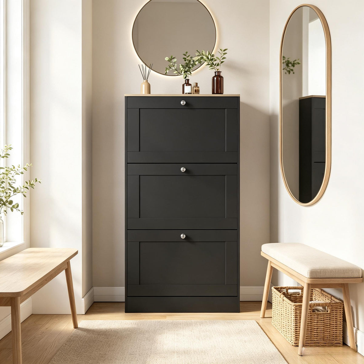 3 Drawer Pull-Down Shoe Cabinet, Slim Space-Saving Wooden Shoe Storage Organizer with Oak Top Surface, Hidden Footwear Storage Cabinet for Entryway Hallway Bedroom Home Furniture