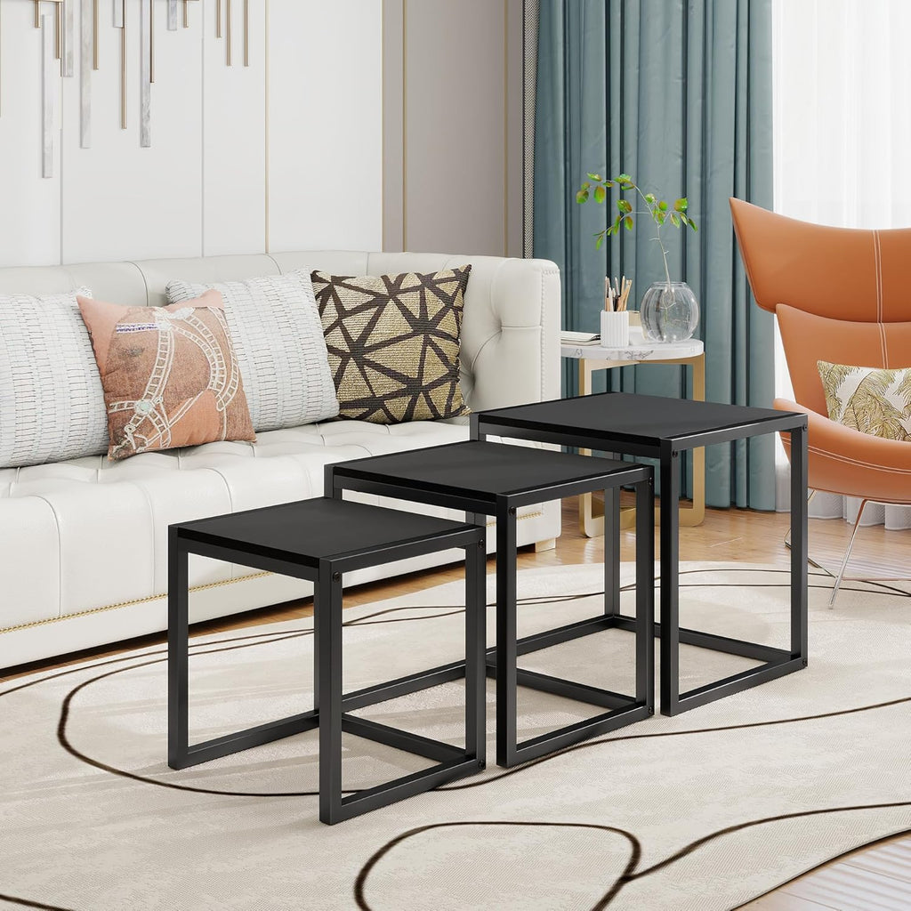 Nesting Coffee Table - Industrial Square End Tables with Metal Frame for Living Room, Bedroom & Office, Brown