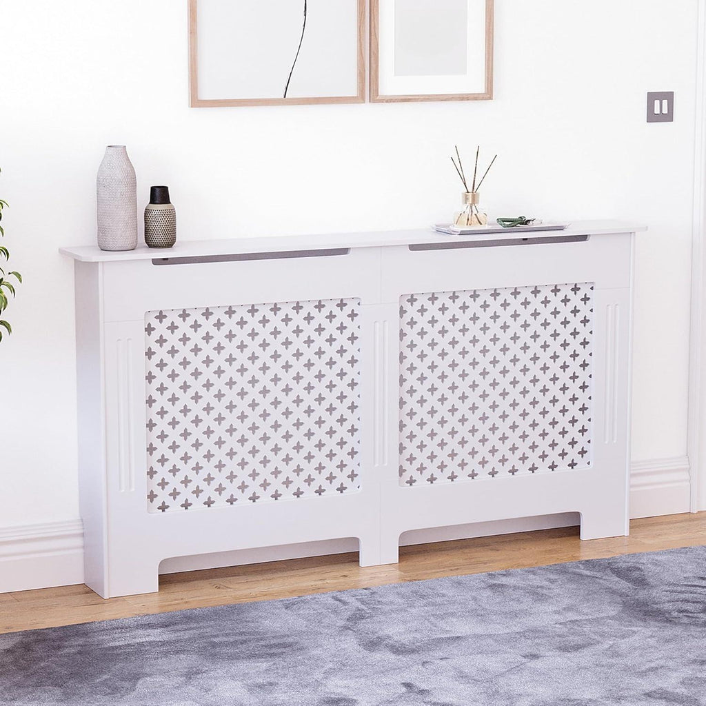 Modern MDF Radiator Cover Small White 82x78x19cm, Traditional Cross Pattern Painted Cabinet with Heat Circulation Grill for Living Room Hallway [Plus A Free Gift]