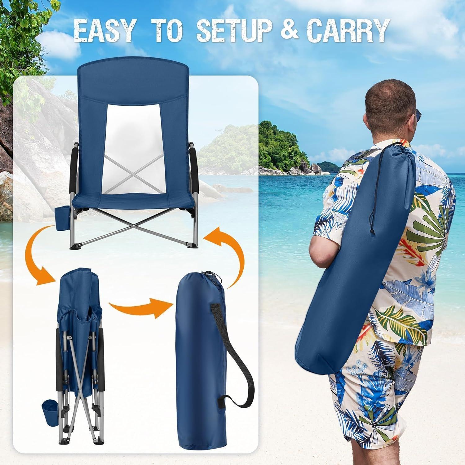 CZHMBM Folding Beach Chairs Low Lightweight Portable for Adults Foldable Beach Seat Camping Festival Picnic Deck Chair Outdoor Collapsible with Cupholder Mesh Back Padded Armrests Supports 150KG