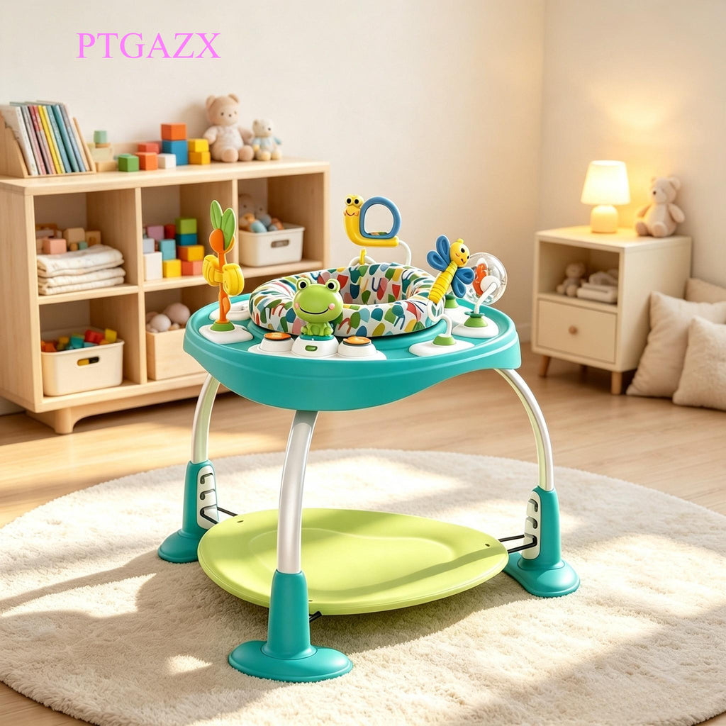 360° Rotatable 2-in-1 Baby Activity Center, Convertible Jumper & Play Table with 7 Interactive Toys, Adjustable Height and Storage Bag, Play Equipment for Infants 6 Months+