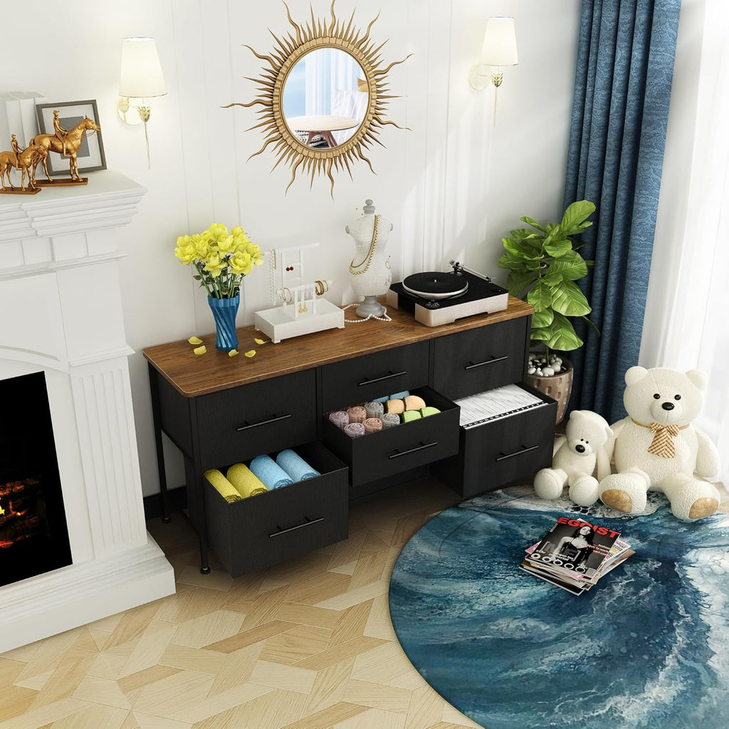 Black 7 Fabric Drawer Chest of Drawers Dresser TV Stand on Castors Metal Frame Wooden Top Storage Organizer Bedroom Living Room