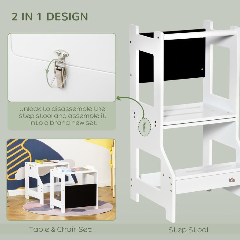 3 in 1 Kids Kitchen Step Stool with Safety Rail, Convertible Toddler Learning Tower with Chalkboard, Anti-Slip Montessori Standing Tower Helper for Kitchen Counter, Bathroom Sink, White