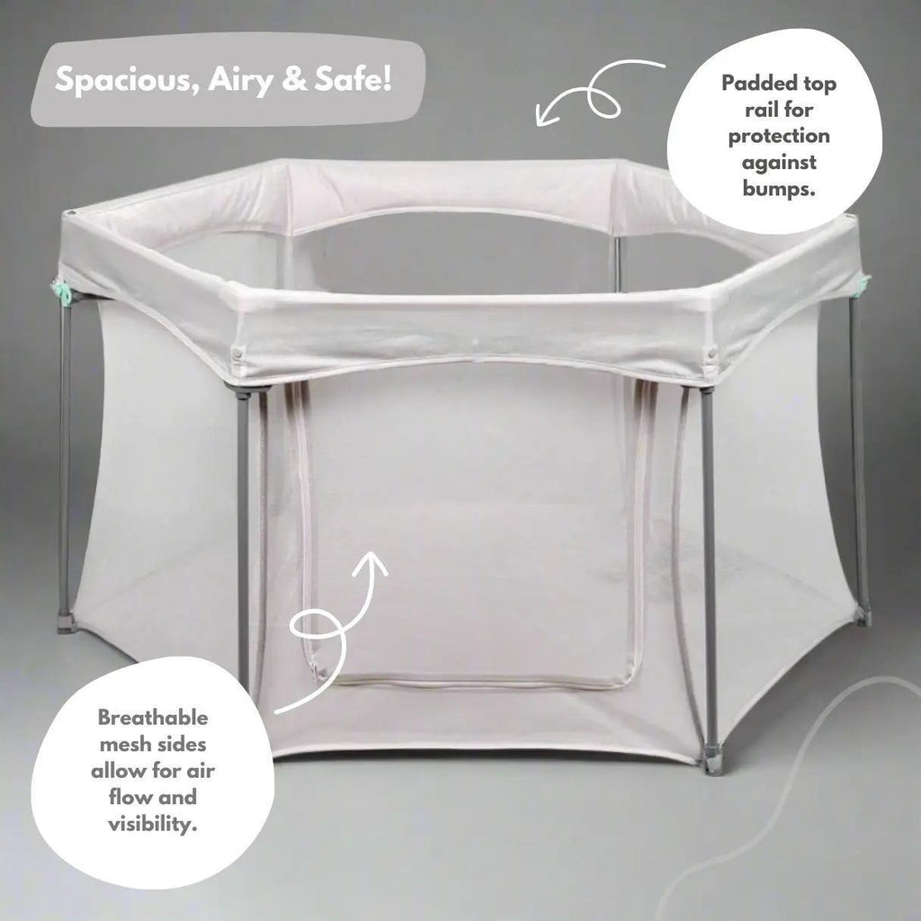 Foldable Hexagonal Baby Playpen with Breathable See-Through Mesh & Zipper Access Door, Compact 110×110CM Spill Resistant Play Yard with Carry Bag, Easy Wipe Clean Toddler Play Fence for Indoor Home Outdoor Park Travel