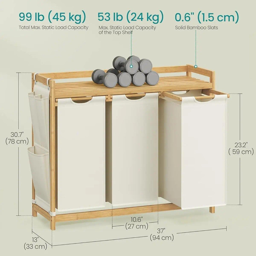 `Cream‑White Compartment Bamboo Laundry Sorter Hamper, Laundry Storage Organizer with Top Shelf, Removable Laundry Bags & Side Storage Pockets for Bathroom & Laundry Room`