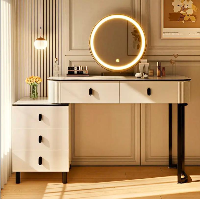 Dressing Table Vanity Desk with 3‑Colour Dimmable LED Swivel Mirror, 100×40cm Makeup Table with 5 Drawers & Removable Side Cabinet for Bedroom
