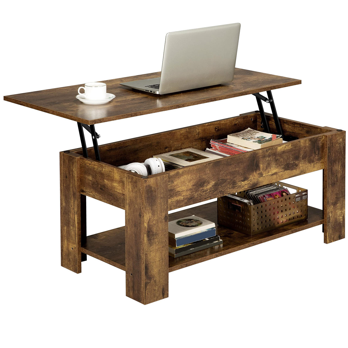 【NS】Lift Up Coffee Table, Wooden Lifting Tea Table with Hidden Storage Drawer and Open Shelf for Living Room/Reception, Rustic Brown, 98x50x(42-56) cm