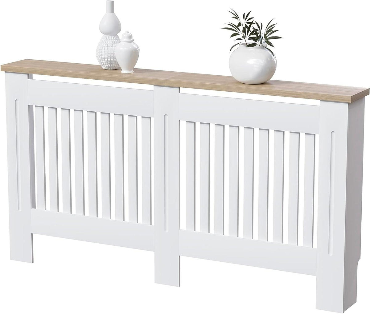 【NS】White MDF Radiator Cover with Wood Shelf – Modern Slatted Grill Design, Small Size (H: 83.3 / W: 78 / D: 19 cm) [Plus A Free Gift]