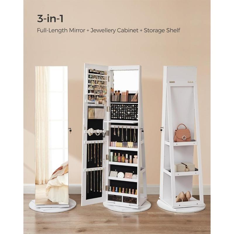 LED Full-Length Mirror Jewelry Cabinet, 360° Rotating Storage, Lockable Display Cabinet, Frameless Floor Standing Mirror, Rotatable Organizer with Shelves [Plus A Free Gift]