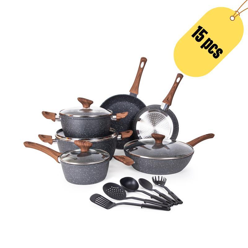 15‑Piece Nonstick Cookware Set – Granite Ceramic Coating for Effortless Food Release & Easy Cleaning, Induction‑Compatible Reinforced Base, Heat‑Insulated Wood‑Grain Handles, Includes 5 Pots, 4 Lids & 6 Utensils – Ideal for Daily Home Cooking