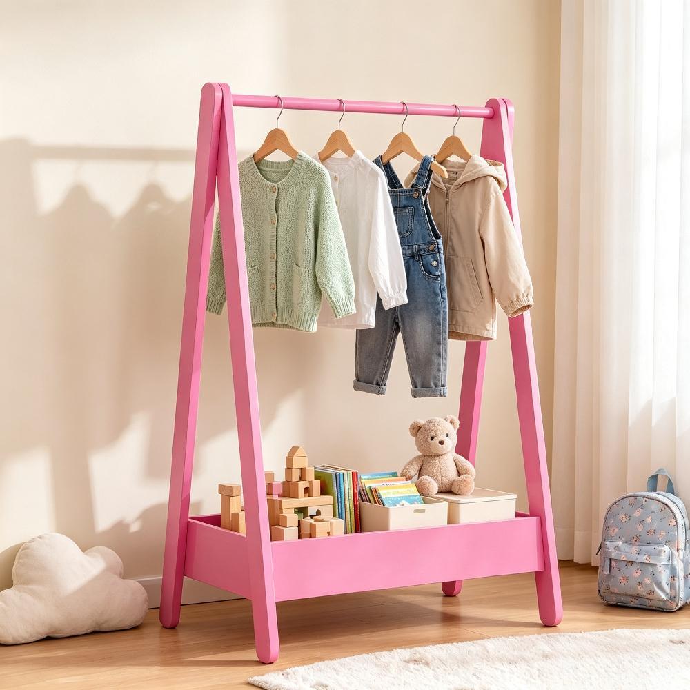 Pink Kids Clothes Rack – Solid Pine Wood, 99H x 64.5W x 42D cm, Space-Saving Hanging Rail with Extra Storage Shelf, Portable Stand for Toys and Shoes, Bedroom Furniture for Children [Plus A Free Gift]