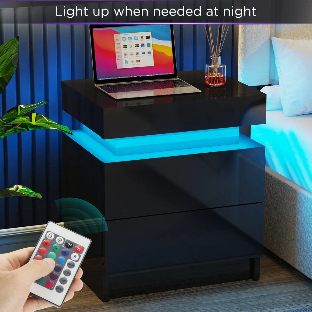 Modern LED Bedside Table with RGB Lights App & Remote Control, Lift‑Top Hidden Storage 2 Drawers High Gloss Nightstand, USB Powered Side Cabinet for Bedroom Living Room, Self‑Assembly