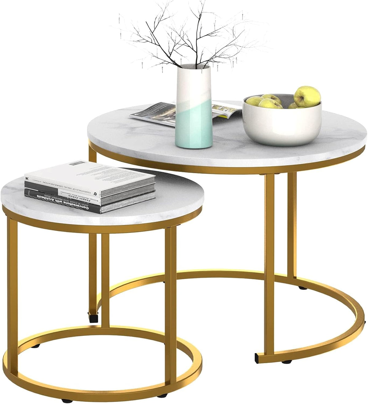 Marble Nesting Coffee Table Set for Living Room, Round Metal Frame Center & End Tables for Small Space, Bedroom, White & Black, 60x50cm