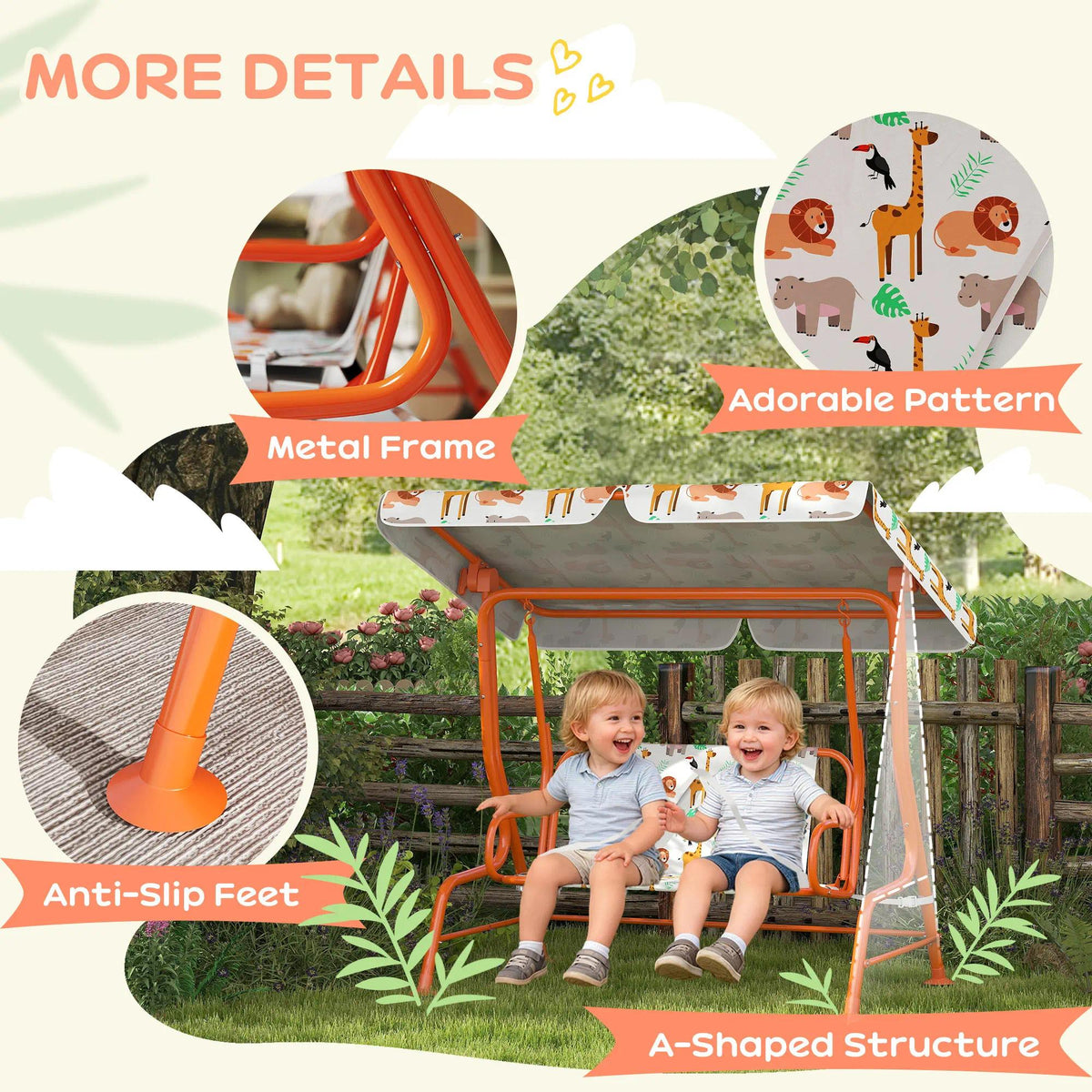 2‑Seater Kids Patio Swing Bench, Orange Weather‑Resistant Swing Chair with Adjustable Canopy & Safety Seat Belts, EN71 Certified Indoor Outdoor Swing Seat for Garden Patio Playroom Backyard