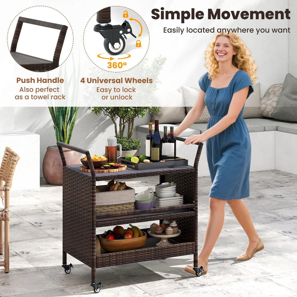 Outdoor Bar Cart, 3‑Tier Patio Rattan Serving Cart with Lockable Universal Wheels, Side Handles & Anti‑Fall Baffles, Versatile Rolling Storage Shelf for Backyard Poolside Porch Party Beverage Dinnerware Organizer