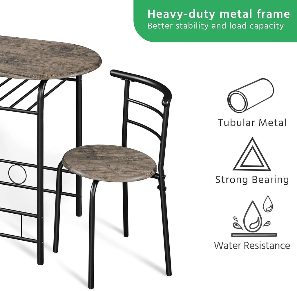 3-Piece Round Dining Table Set for 2 – Compact Breakfast Bar with Chairs, Metal Legs, Shelf & Built-in Wine Rack (Drift Brown)