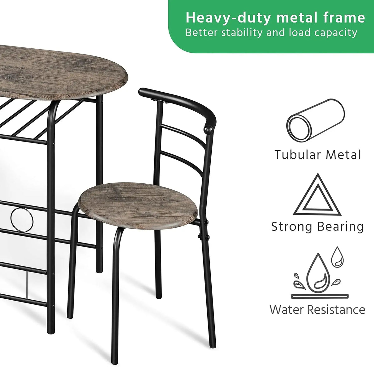 3-Piece Round Dining Table Set for 2 – Compact Breakfast Bar with Chairs, Metal Legs, Shelf & Built-in Wine Rack (Drift Brown)