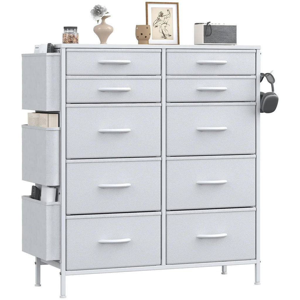 White Tall 10‑Drawer Fabric Dresser with 3 Side Pockets, Chest of Drawers with MDF Wood Top & Metal Frame, Anti‑Tip Storage Organizer for Bedroom Closet Living Room Dorm Office