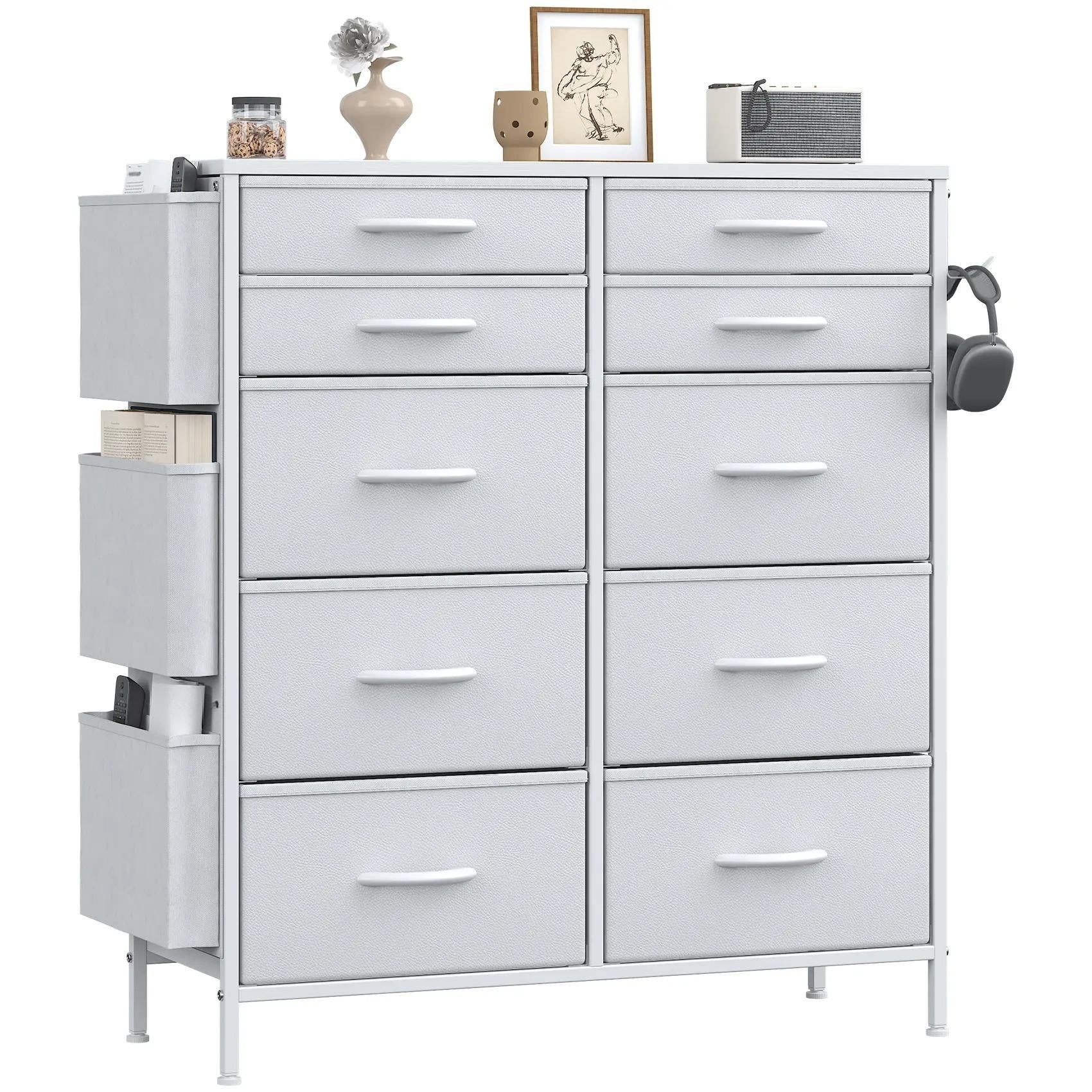 White Tall 10‑Drawer Fabric Dresser with 3 Side Pockets, Chest of Drawers with MDF Wood Top & Metal Frame, Anti‑Tip Storage Organizer for Bedroom Closet Living Room Dorm Office