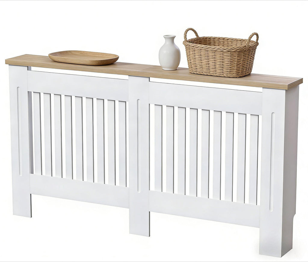 White MDF Radiator Cover with Wood Shelf - White -  Modern Swing-style Vertical Grille Design for Optimal Heat Circulation - Painted MDF Cabinet with Wooden Upper Shelf