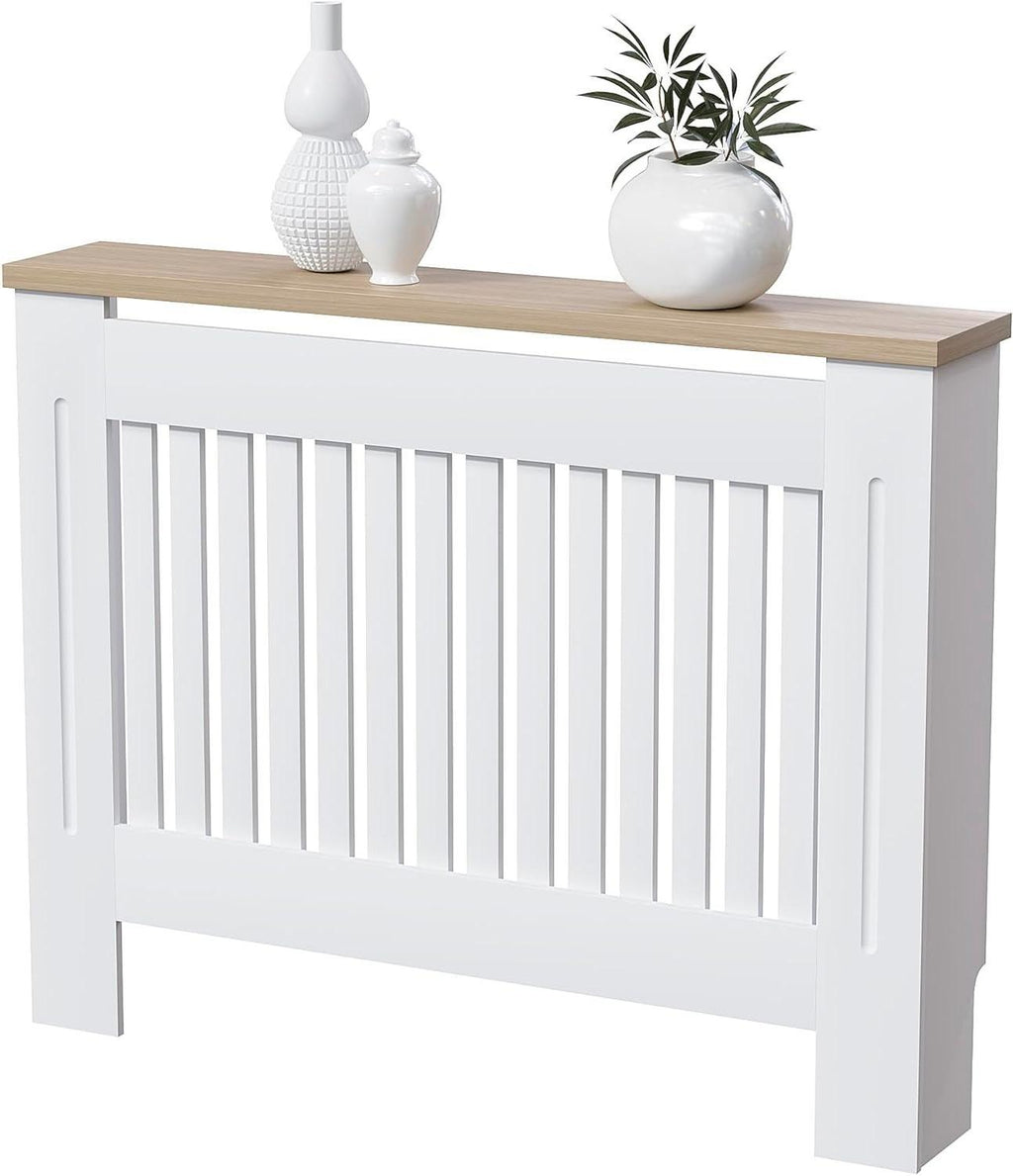 【NS】White MDF Radiator Cover with Wood Shelf – Modern Slatted Grill Design, Small Size (H: 83.3 / W: 78 / D: 19 cm) [Plus A Free Gift]
