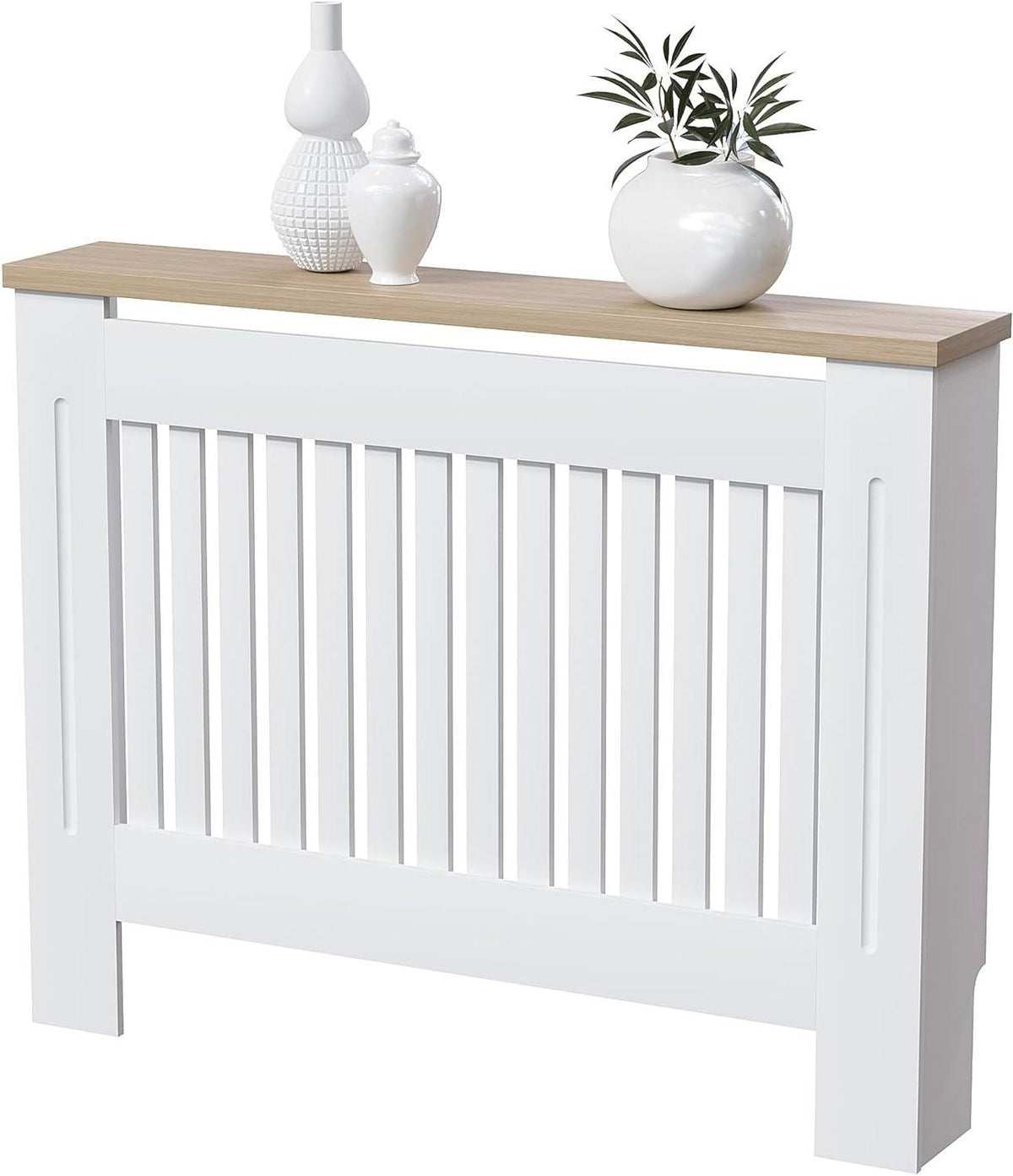 【NS】White MDF Radiator Cover with Wood Shelf – Modern Slatted Grill Design, Small Size (H: 83.3 / W: 78 / D: 19 cm) [Plus A Free Gift]