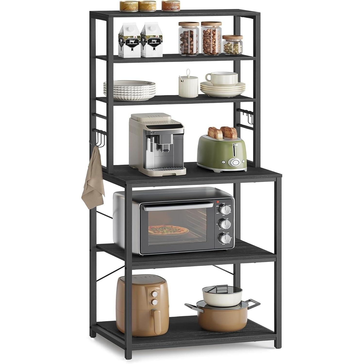 6‑Tier Heavy‑Duty Baker’s Rack with 6 Hooks, Freestanding Microwave Coffee Bar Storage Organizer for Kitchen Pantry Countertop