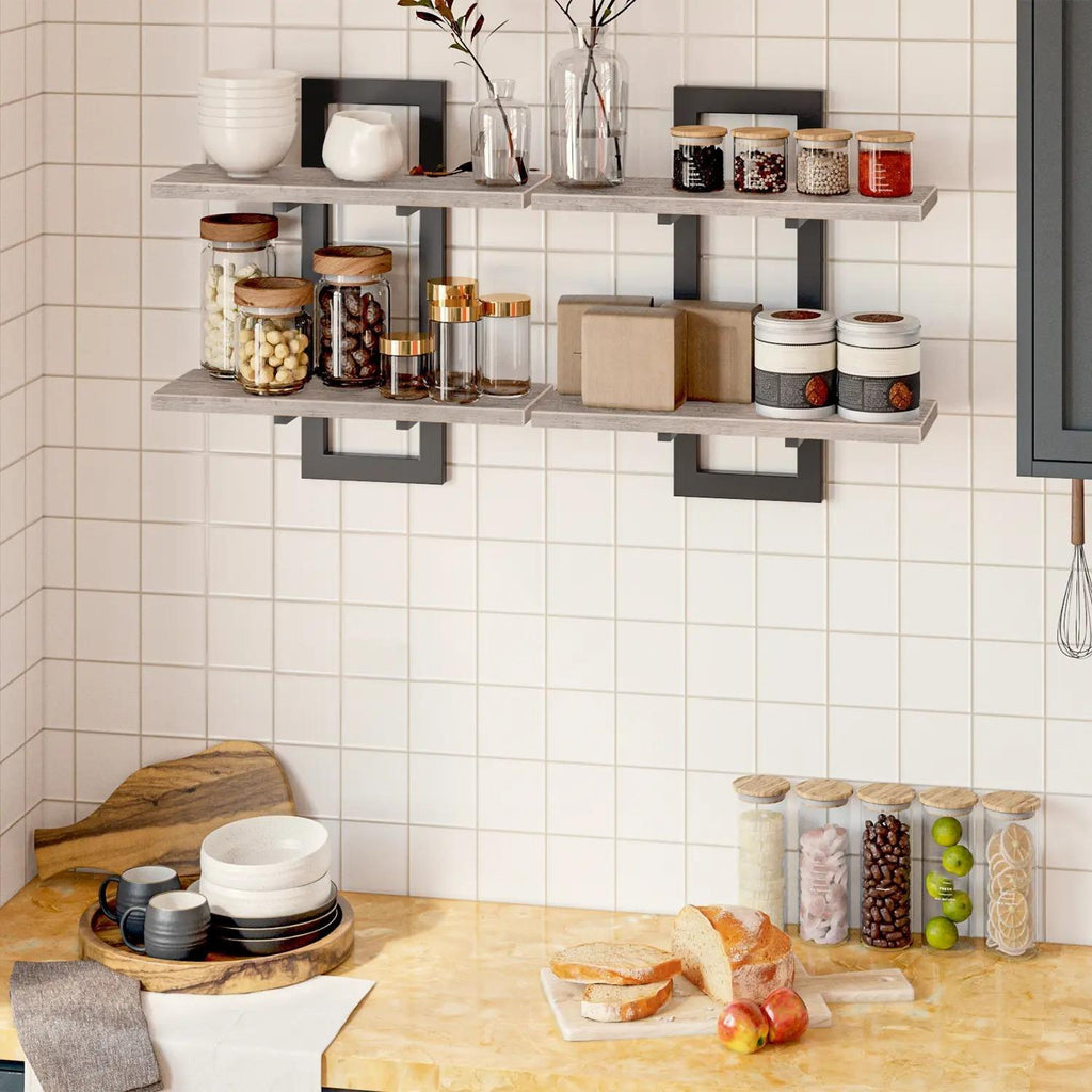 Set of 2 Double‑Tier Floating Wall Shelves, Wall‑Mounted Storage Display Racks, Heavy‑Duty Particleboard Metal Frame Wall Shelf for Kitchen Living Room Bedroom Bathroom Home Decor